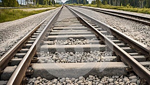 railroad rails on concrete sleepers. updated railway high-speed, express train railway, close-up, Estonia