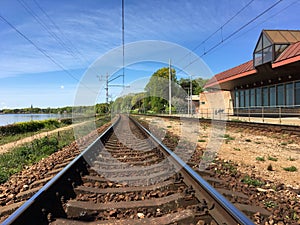 Railroad rails connecting Riga and Jurmala. Close-up