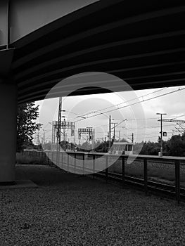 Railroad rails under the bridge