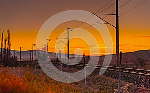 Railroad, railway at sunset, Eskisehir, Turkey