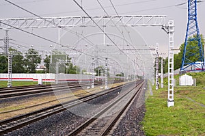 Railroad in rainy day, viev from station. background, transportation