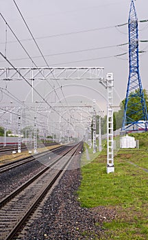 Railroad in rainy day, viev from station. background, transportation