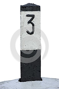 Railroad Route Rail Line Mile Marker In Black And White, Isolated Railway Number 3 Distance Kilometer Milestone Mark Close-up