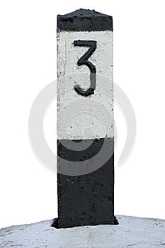 Railroad Route Rail Line Mile Marker In Black And White, Isolated Railway Number 3 Distance Kilometer Milestone Mark Close-up photo