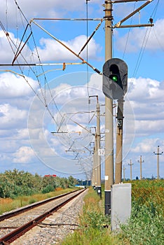 Railroad and semaphore with green signal