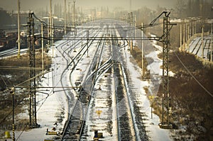Railroad in smoggy winter city photo