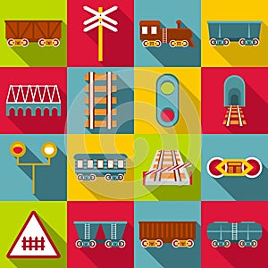 Railroad station items icons set, flat style