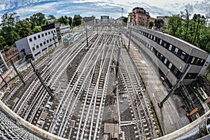 Railroad station with multiple roads intersecting and converging