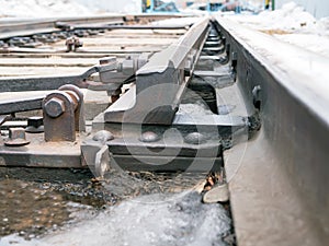 Railroad switch of railroads. Junction switching. Close-up