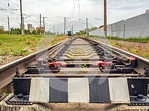Railroad switch of railroads. Junction switching. Close-up