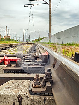 Railroad switch of railroads. Junction switching. Close-up