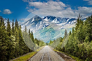 Railroad to Denali National Park, Alaska with impressive mountains