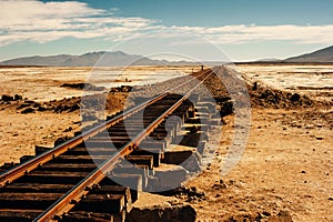 Railroad to nowhere in a stone desert, Uyuni, Bolivia.