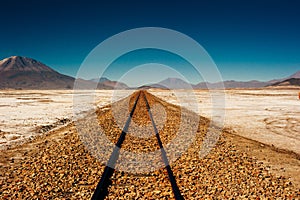 Railroad to nowhere in a stone desert, Uyuni, Bolivia.