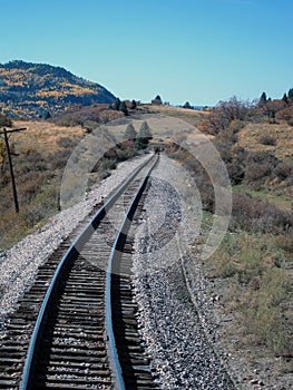 Railroad track aspen trees hills