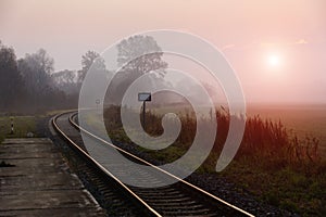 Railroad track during autumn foggy morning