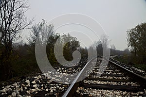 Railroad track on an embankment next to trees on a foggy day in autumn