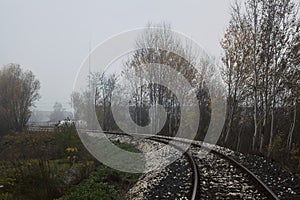 Railroad track on an embankment next to trees on a foggy day in autumn