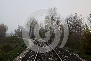 Railroad track on an embankment next to trees on a foggy day in autumn