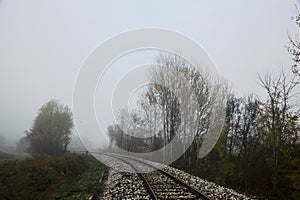 Railroad track on an embankment next to trees on a foggy day in autumn