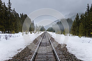 Railroad Track Through a Snowy Forest