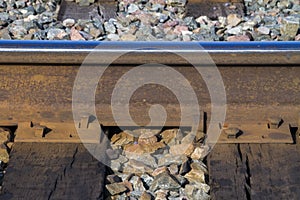 Railroad track, spikes, ties, ballast