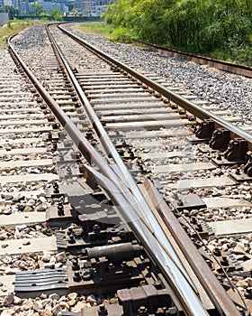 Railroad track switch closeup from above