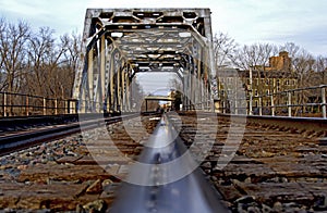 Railroad track on train bridge