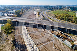 Railway trackage and highway junction in Krakow, Poland photo