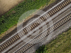 Railroad tracks from above in the landscape
