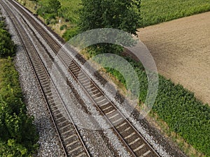 Railroad tracks from above in the landscape