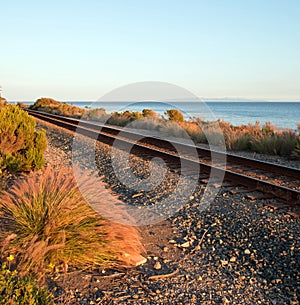 Railroad tracks on the Central Coast of California at Goleta / Santa Barbara at sunset