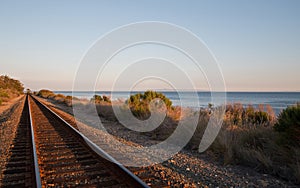 Railroad tracks on the Central Coast of California at Goleta / Santa Barbara at sunset