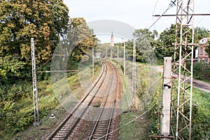 Railroad tracks changing direction.