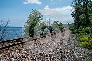 Railroad tracks on the edge of Lake Champlain