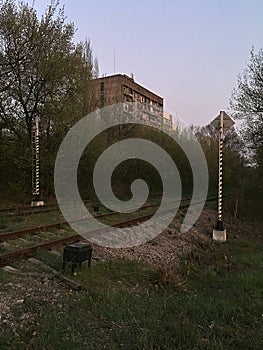 Railroad tracks in the forest. Tall buildings. Abstraction and emptiness.