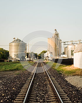 Railroad tracks and grain silos in Towanda, a small town on Route 66 in Illinois