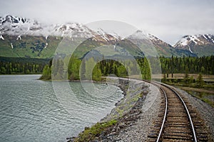 Railroad Tracks Landscape with Alaska Mountain Ranges and Lakes