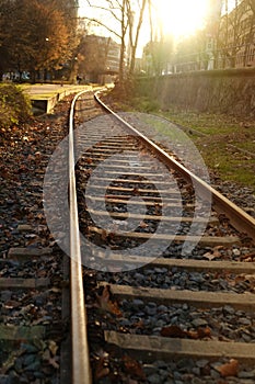 railroad tracks, metal rails, concrete sleepers in sunlight, engineered structures with guide rail track, concept of cargo