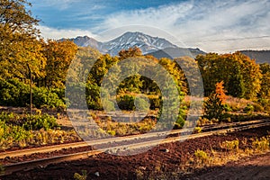 Railroad tracks with Mt. Shasta, Northern California