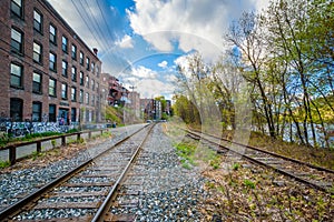 Railroad tracks and old buildings in Brattleboro, Vermont