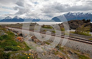 Railroad tracks past Beluga Point on the Turnagain Arm in Alaska USA