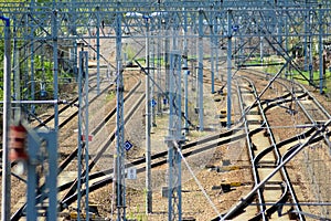 Railroad tracks with railroad switch two paths come together