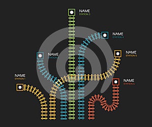 Railroad tracks, railway simple icon, rail track direction, train tracks colorful vector illustrations on black