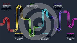 Railroad tracks. Railway timeline, tracking subway stations map top view, colorful stairs railways. Industrial maze