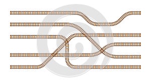 Railroad tracks. Railway train track. Rails and sleepers. Vector stock illustration.