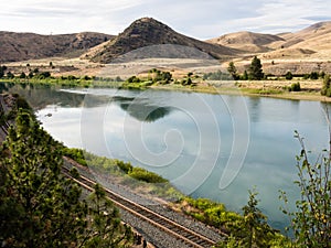 Railroad tracks running along Flathead river in Montana, USA