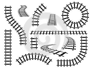 Railroad tracks. Straight, wavy and curved rails railway top view, ladder elements. Steel bars laid, construction