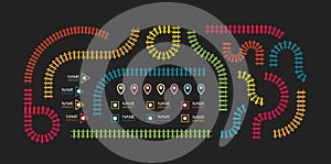 Railroad tracks, subway stations map top view, infographic elements. Railway simple icon set, rail track direction