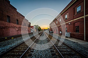 Railroad tracks at sunset, in downtown Greensboro, North Carolina.